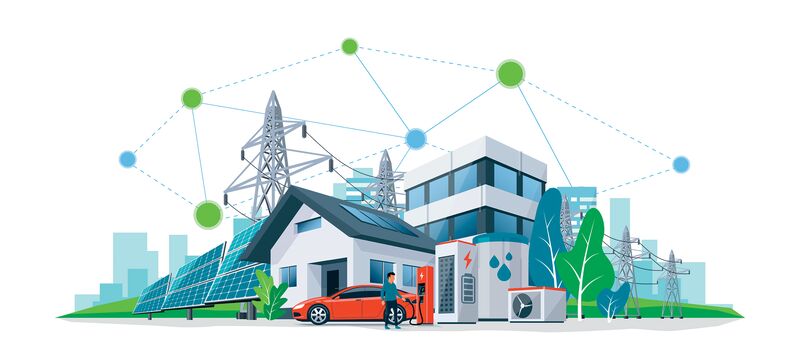 Illustration einer Stadt, in der ein Elektroauto mit dem Stromnetz verbunden ist