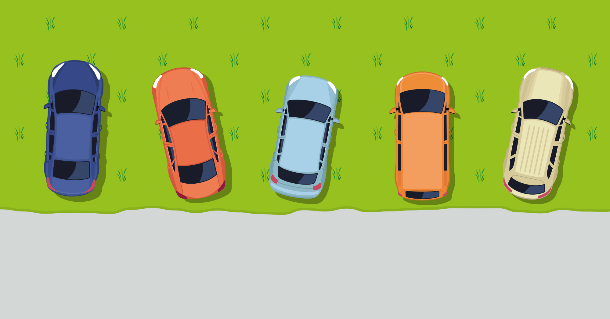 Grafik von 5 parkenden Autos auf einer Wiese, 3 davon stehen etwas quer gestellt.