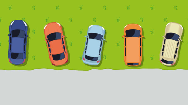 Grafik von 5 parkenden Autos auf einer Wiese, 3 davon stehen etwas quer gestellt.