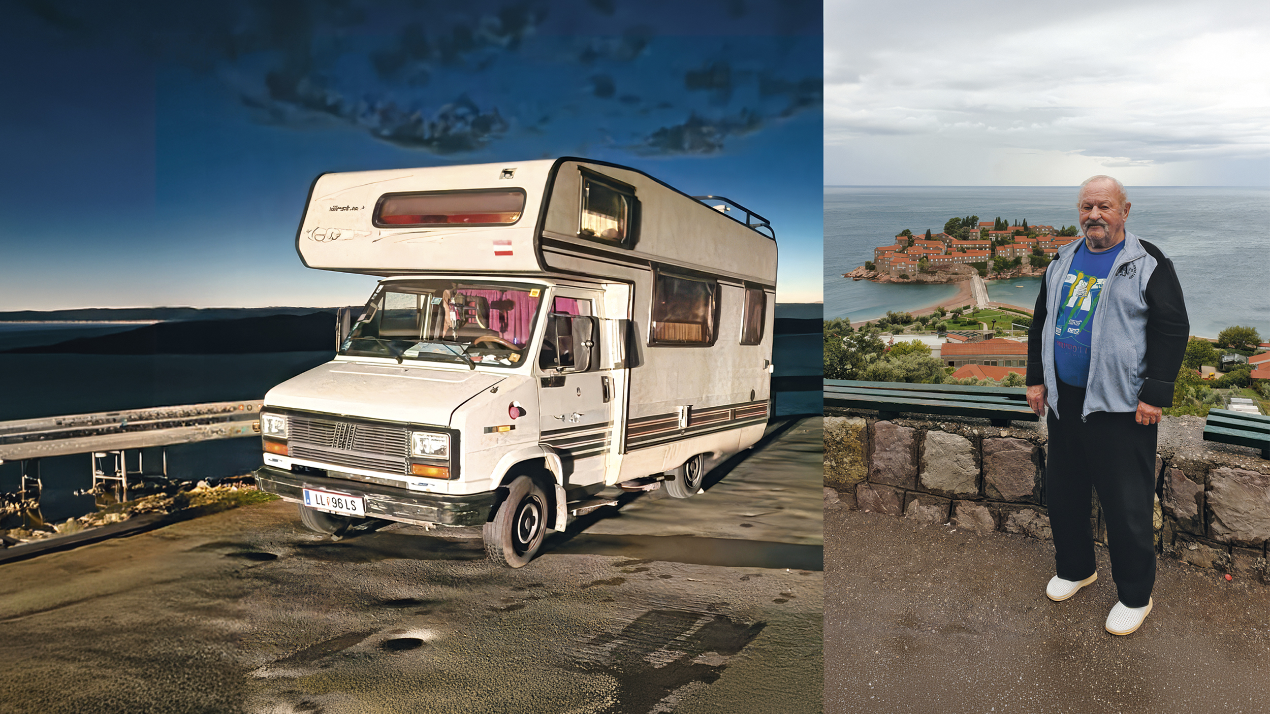 Ein Wohnmobil vor mediterraner Kulisse. Daneben zu sehen ist der Besitzer, ein ÖAMTC-Clubmitglied.