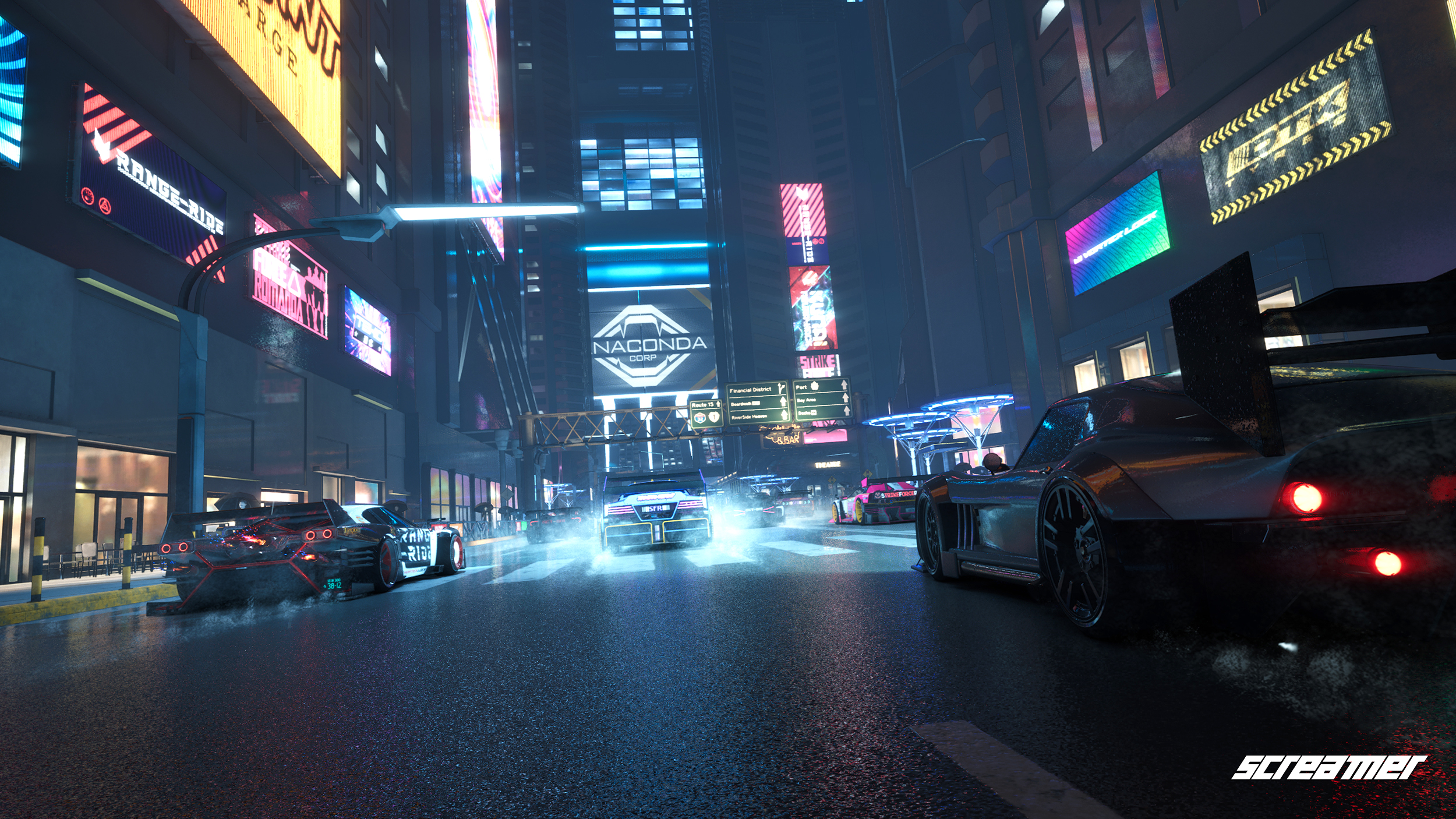 Screenshot von Screamer. Autos nachts im Rennen in der Stadt.