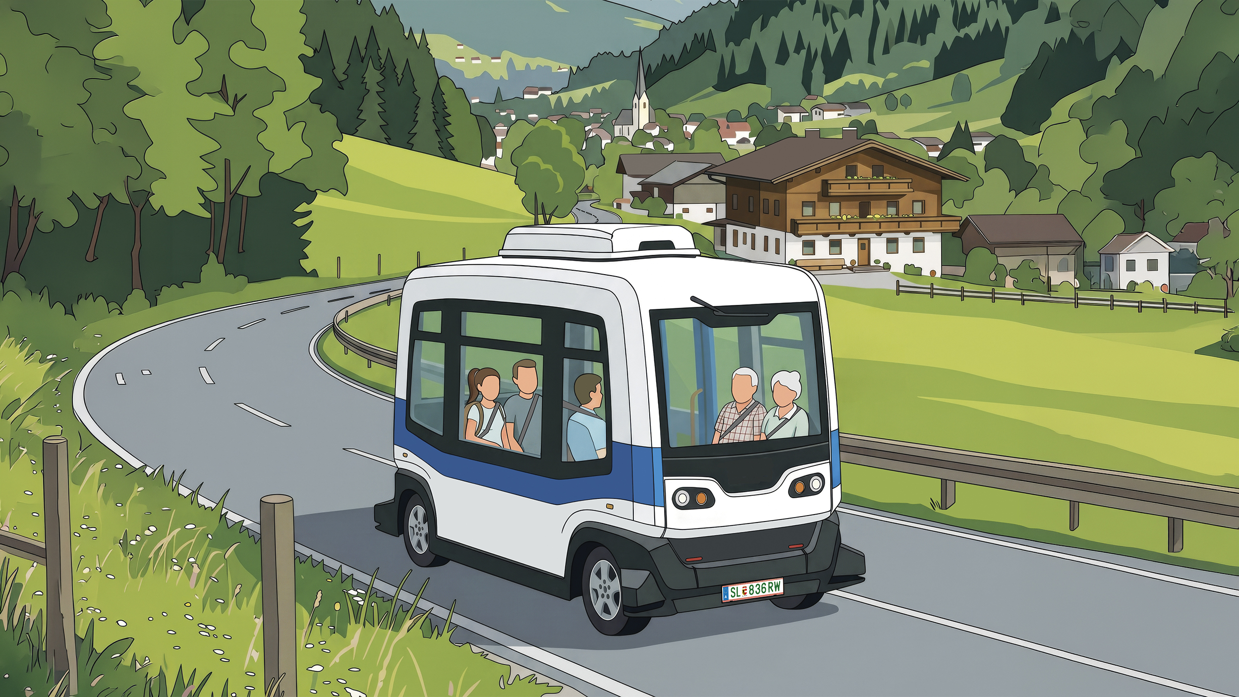 Illustration eines autonomen Kleinbusses am Land