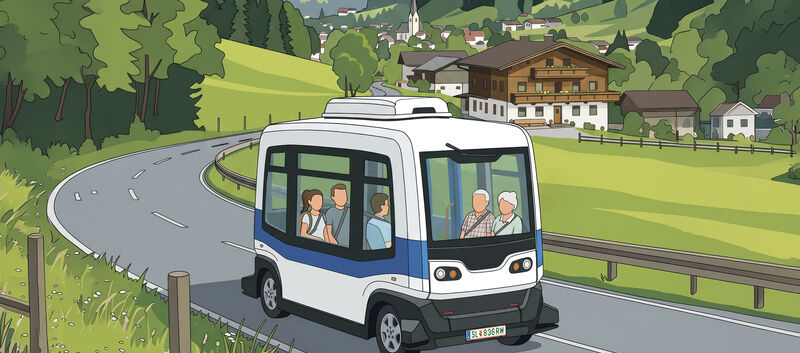 Illustration eines autonomen Kleinbusses am Land