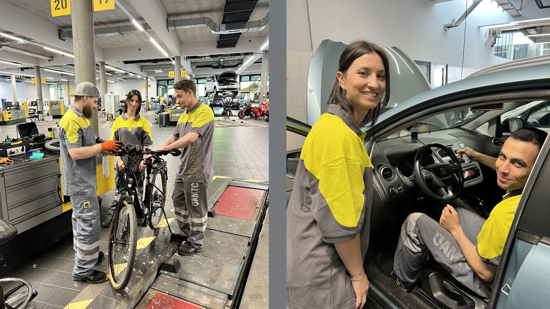 Es sind zwei Bilder zu sehen. Links sieht man drei Menschen in einer Werkstatt, die um ein Fahrrad stehen. Rechts sieht man zwei Menschen. Eine Frau steht neben der geöffneten Autotür und ein Mann sitzt im Auto drin - beide lachen in die Kamera.