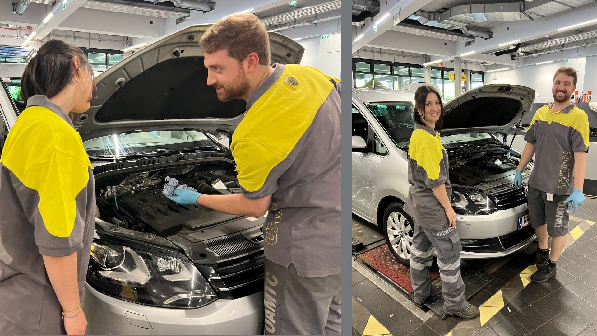 Es sind zwei Bilder zu sehen. Beides mal sind zwei Personen in einer Werkstatt vor einem Auto mit geöffneter Motorhaube zu sehen. Links sind die Personen dem Auto zugewendet, am rechten Bild lachen sie in die Kamera.