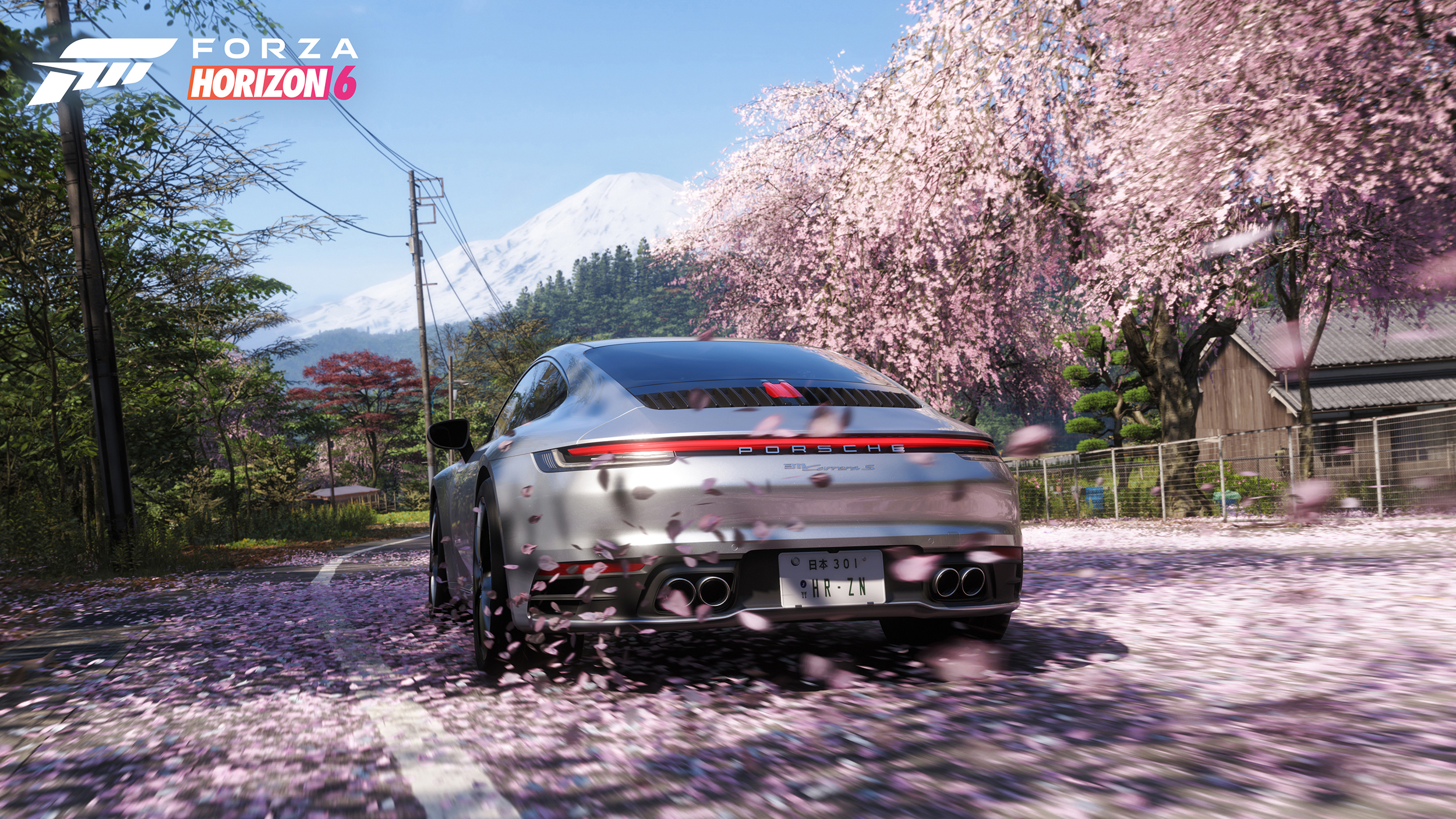 Screenshot aus Forza Horizon 6. Ein silberner Porsche inmitten von Kirschbäumen mit rosa Blüten.