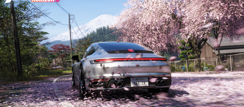 Screenshot aus Forza Horizon 6. Ein silberner Porsche inmitten von Kirschbäumen mit rosa Blüten.