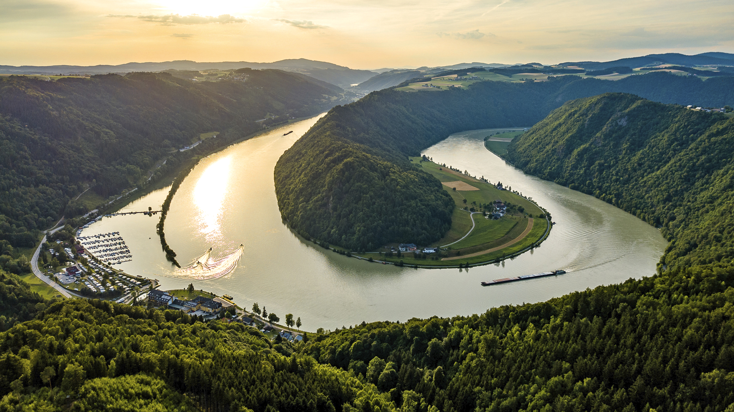 Luftaufnahme der Schlögener Schlinge der Donau mit Waldlandschaft. Die Sonne reflektiert im Fluss.