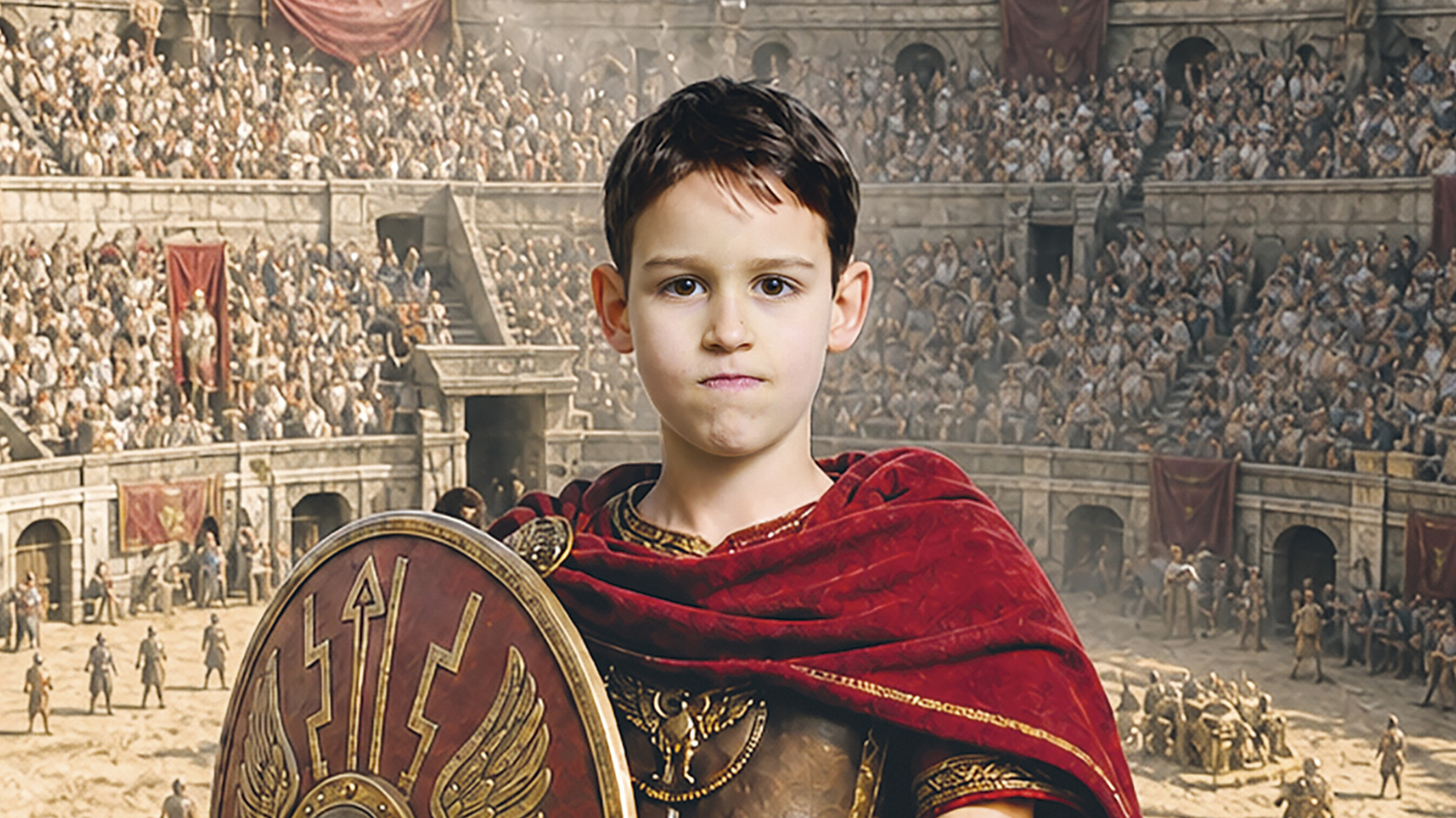 Ein Kind in einem Kostüm eines römischen Gladiators.