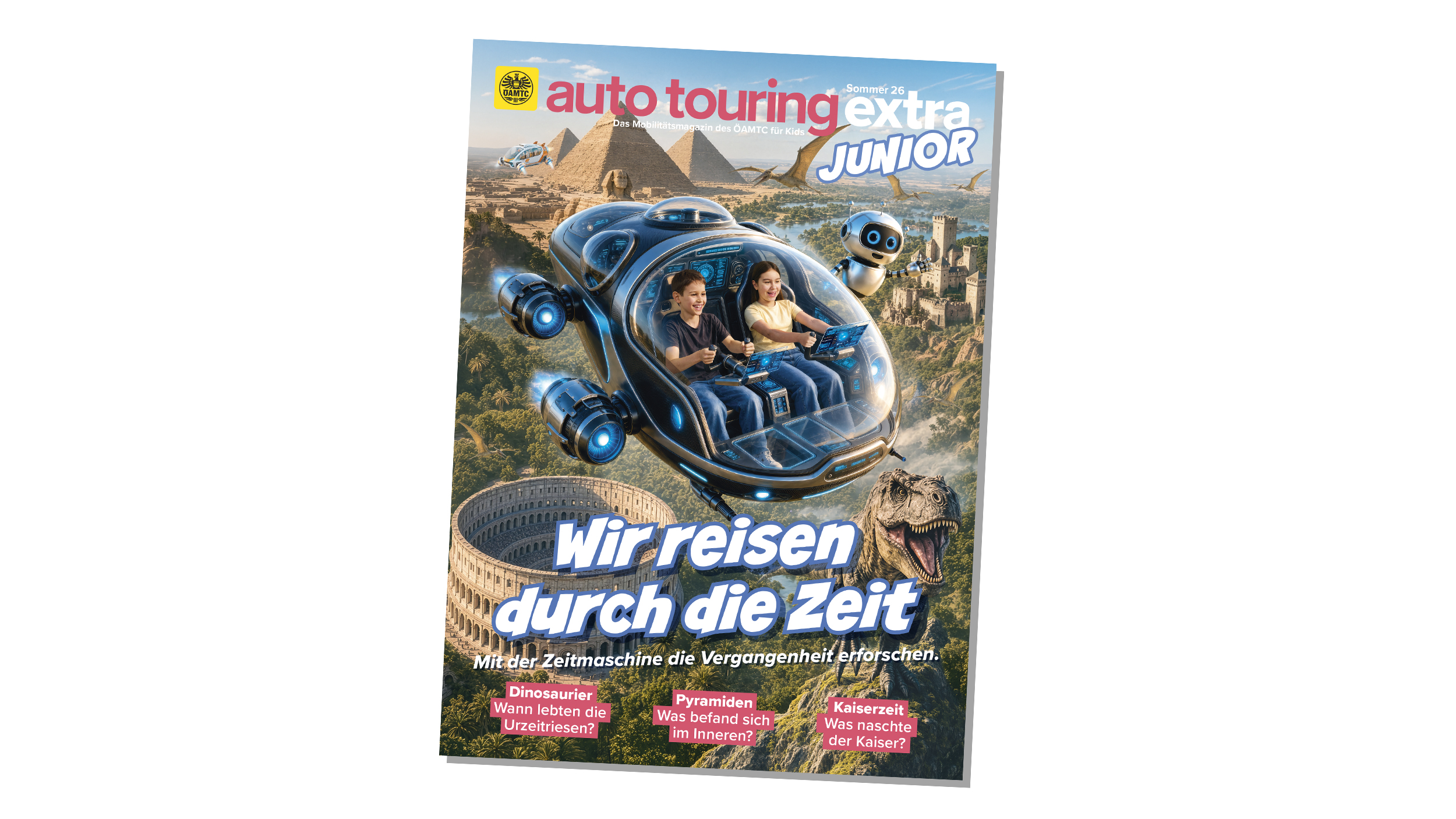 Coverbild der Junior-Ausgabe von auto touring. 2 Kinder fliegen in einer Zeitmaschine.