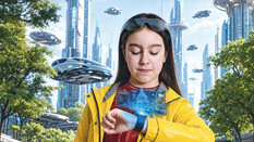 Ein Mädchen in einer futuristischen Umgebung schaut auf eine virtuelle Uhr.