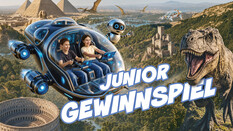 Zwei Kinder fliegen in einer Zeitmaschine über einen T-Rex, die Pyramiden und eine Burg. "Junior Gewinnspiel" steht darüber.