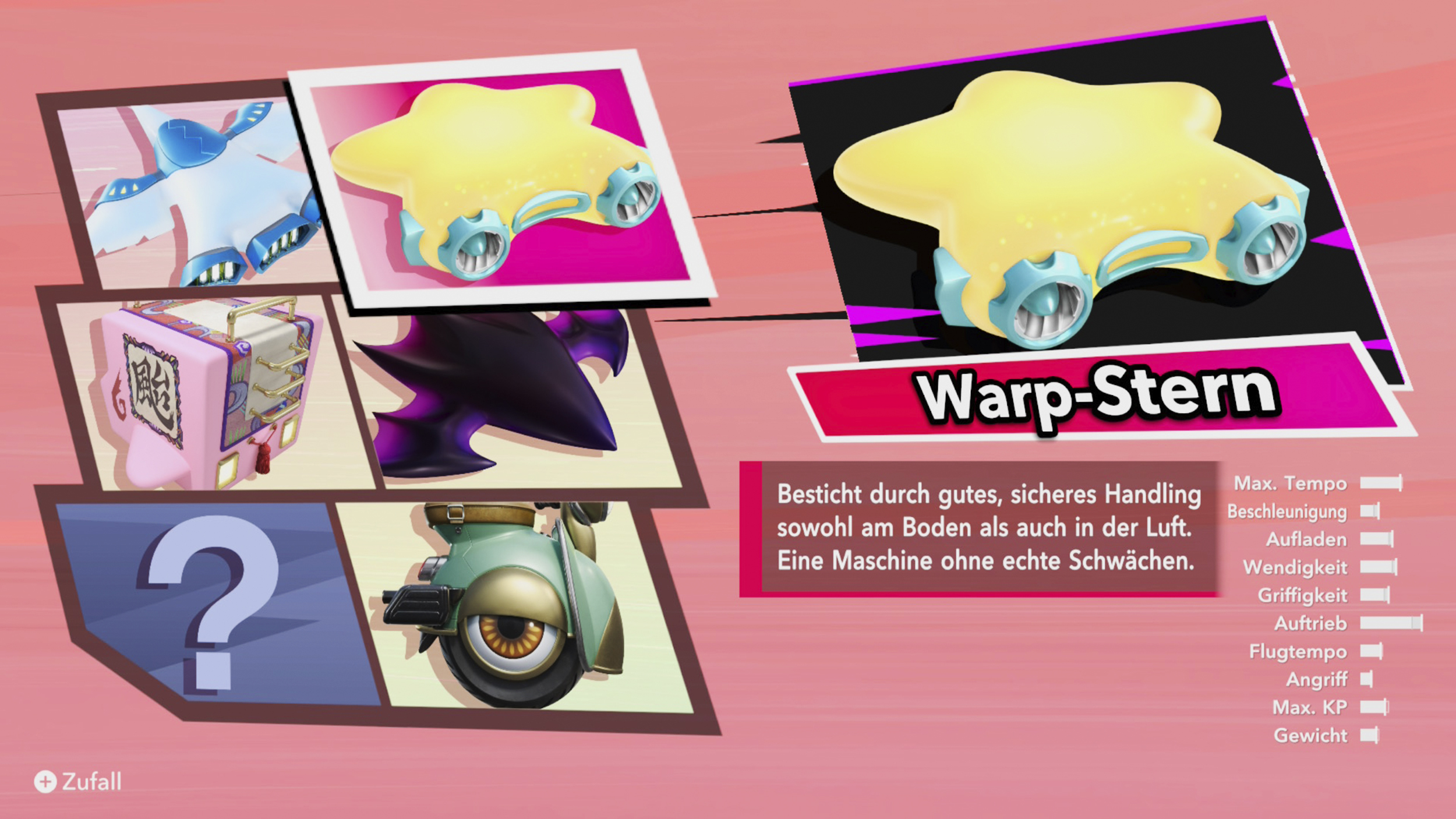 Screenshot aus Kirby Air Riders. Die Fahrzeuge.