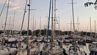 Auf dem Bild sind mehrere Boote von vorne zu sehen, die am Hafen in Stockholm stehen.