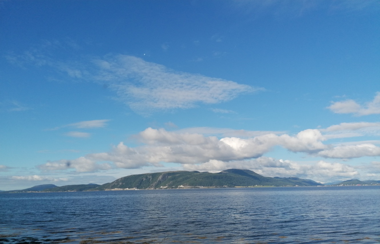 Auf dem Foto ist das Meer in Norwegen zu sehen. In der Bildmitte sieht man eine Insel.