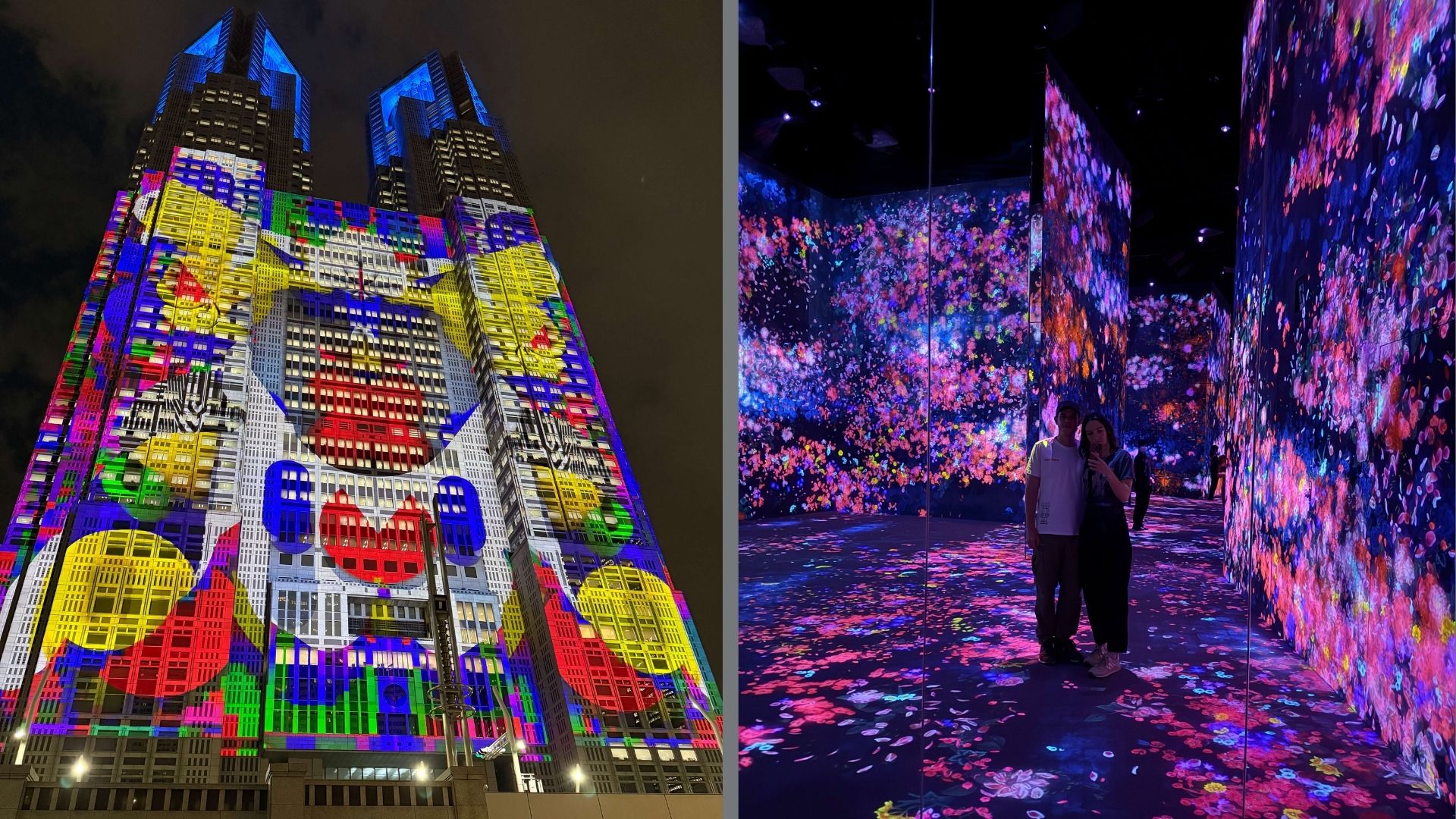 Das Foto zeigt links das Metropolitan Government Building mit Lichtshow und rechts ein Spiegelselfie im TeamLab Borderless