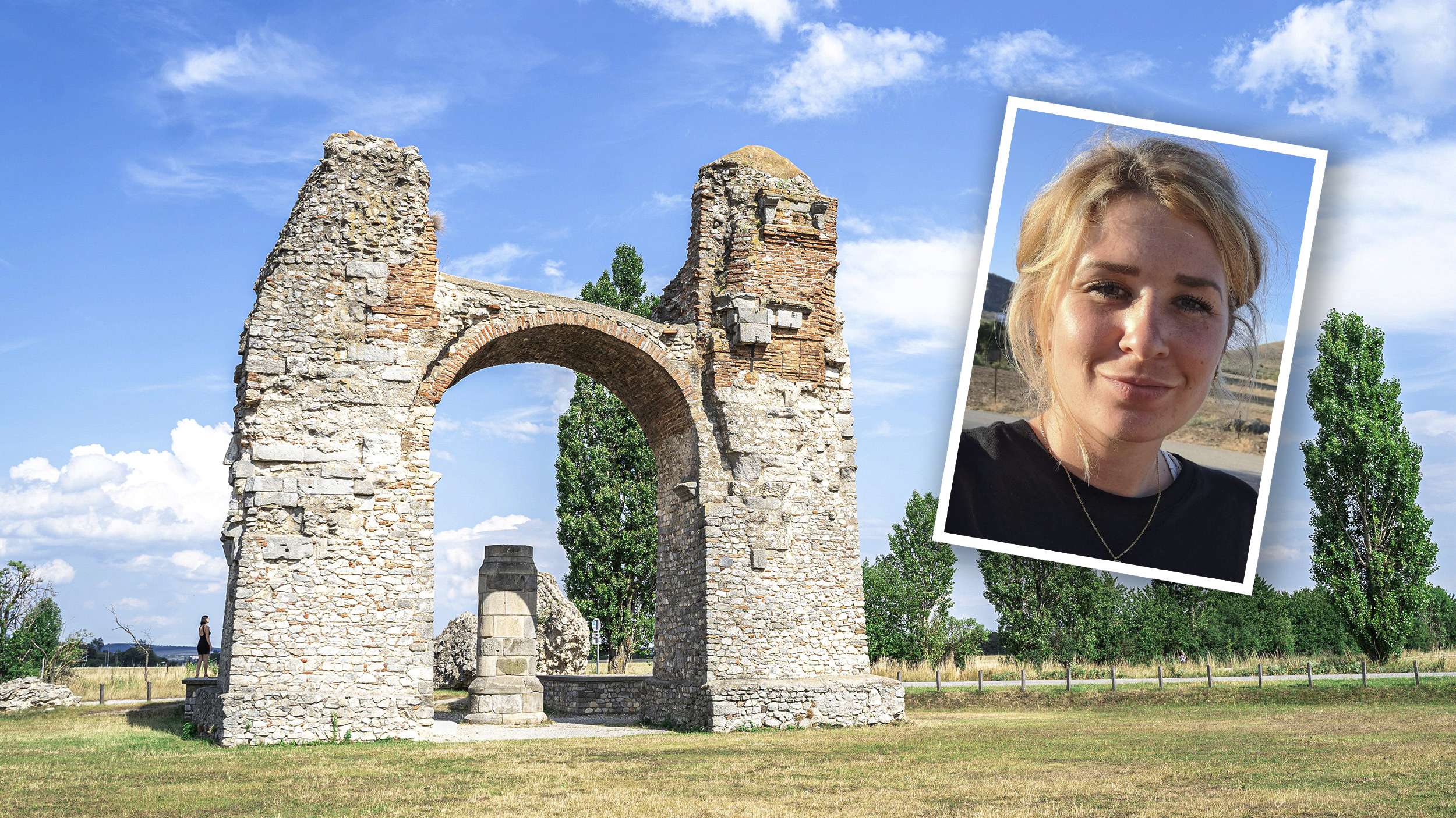 Heidentor in Carnuntum. Zusätzlich im Bild ein Portrait einer Frau: Archäozoologin Nisa Kirchengast.