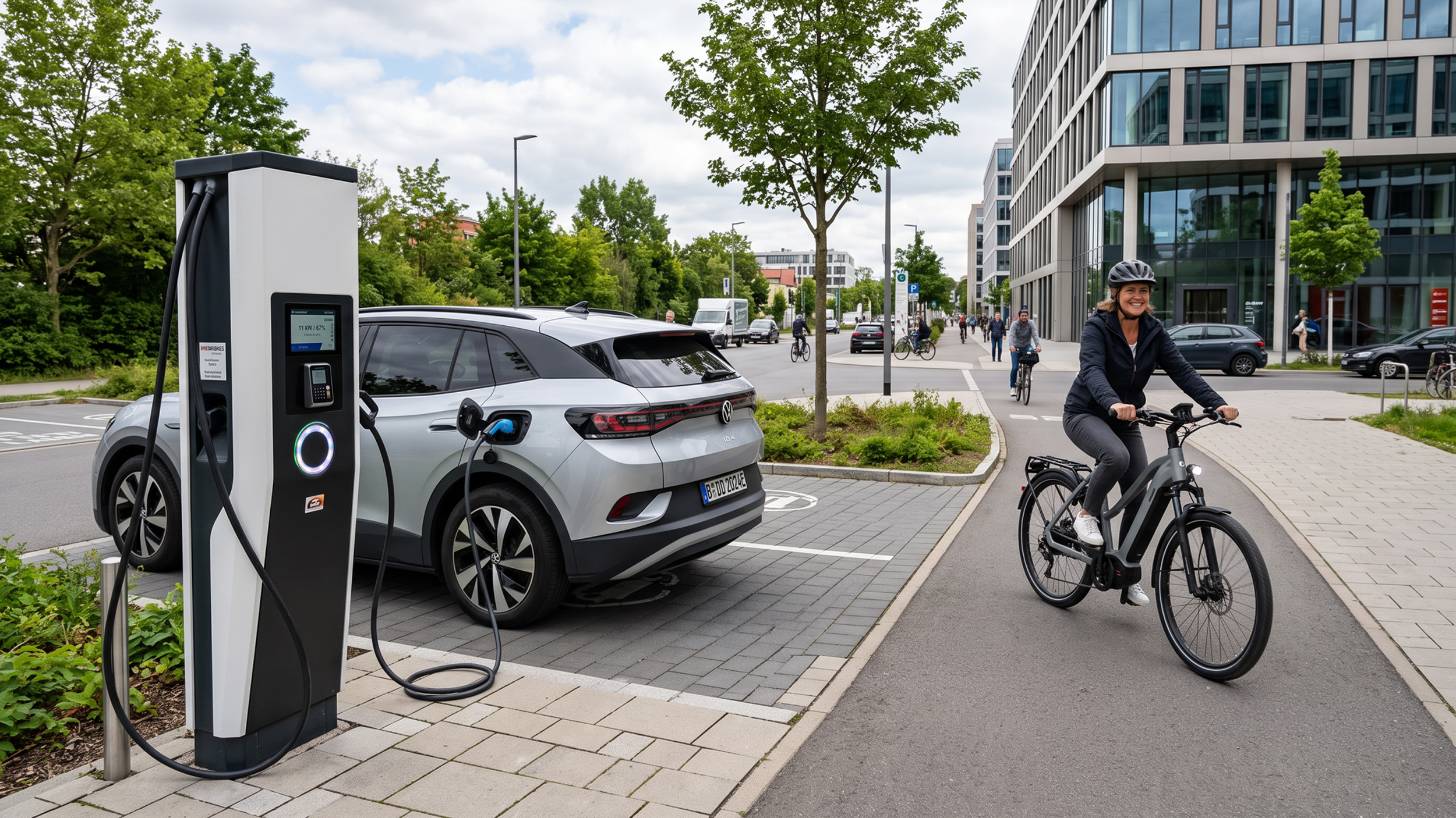 Ein silbernes Auto steht an der Ladesäule, eine Frau auf dem E-Bike daneben.