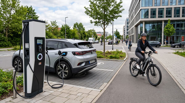 Ein silbernes Auto steht an der Ladesäule, eine Frau auf dem E-Bike daneben.