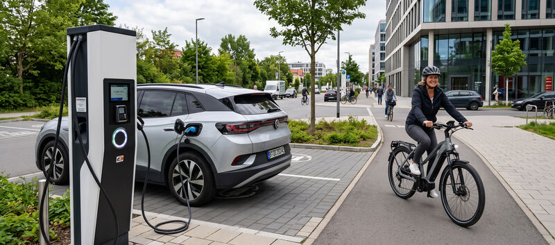 Ein silbernes Auto steht an der Ladesäule, eine Frau auf dem E-Bike daneben.