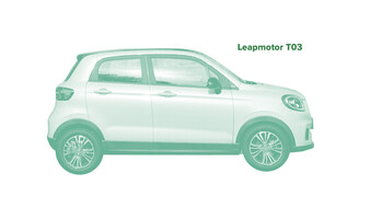 Ein Leapmotor T03 in grüner Farbe überlegt vor einem weißen Hintergrund.