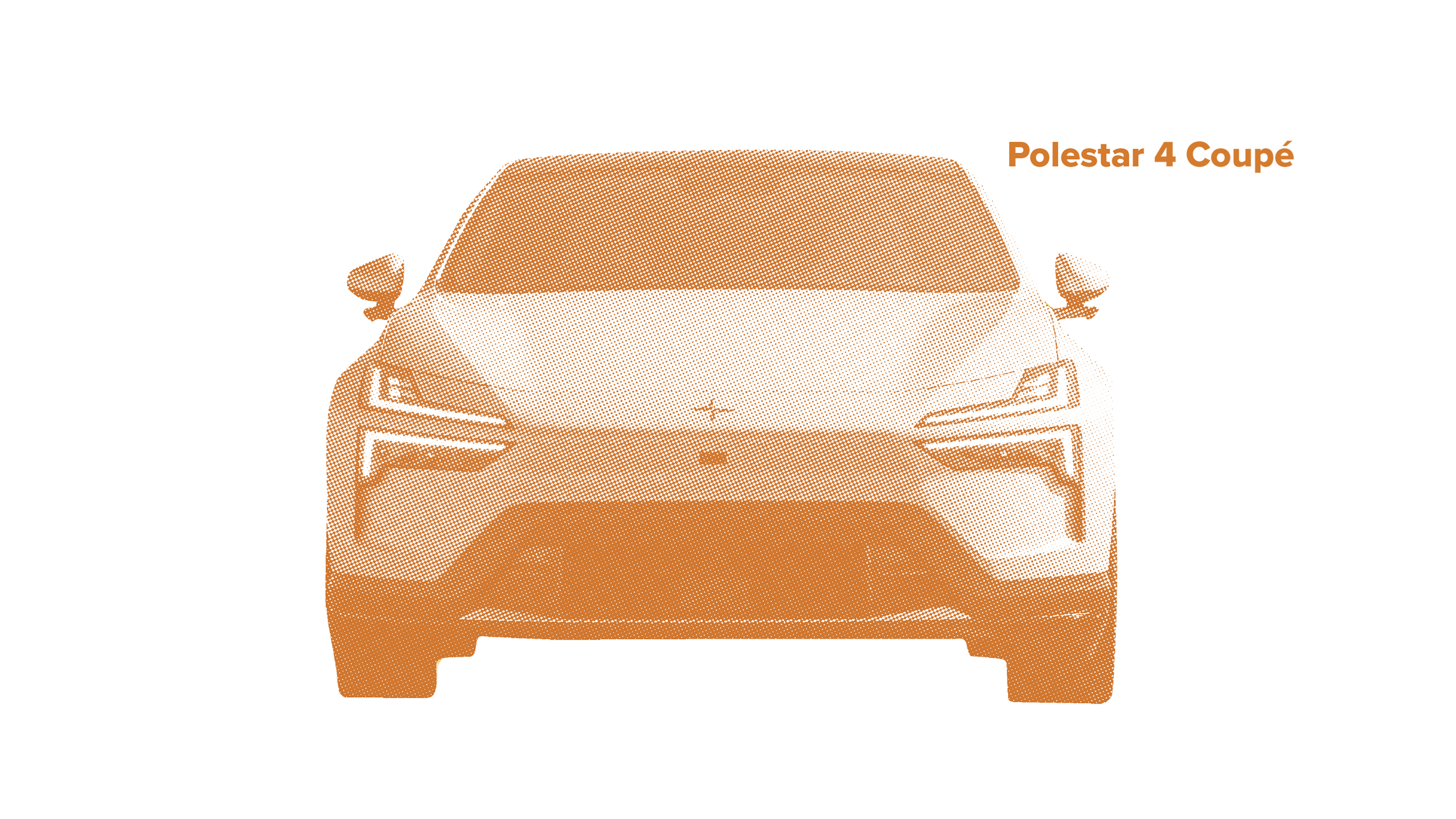 Ein Polestar 4 Coupé in orangener Farbe überlegt vor einem weißen Hintergrund.