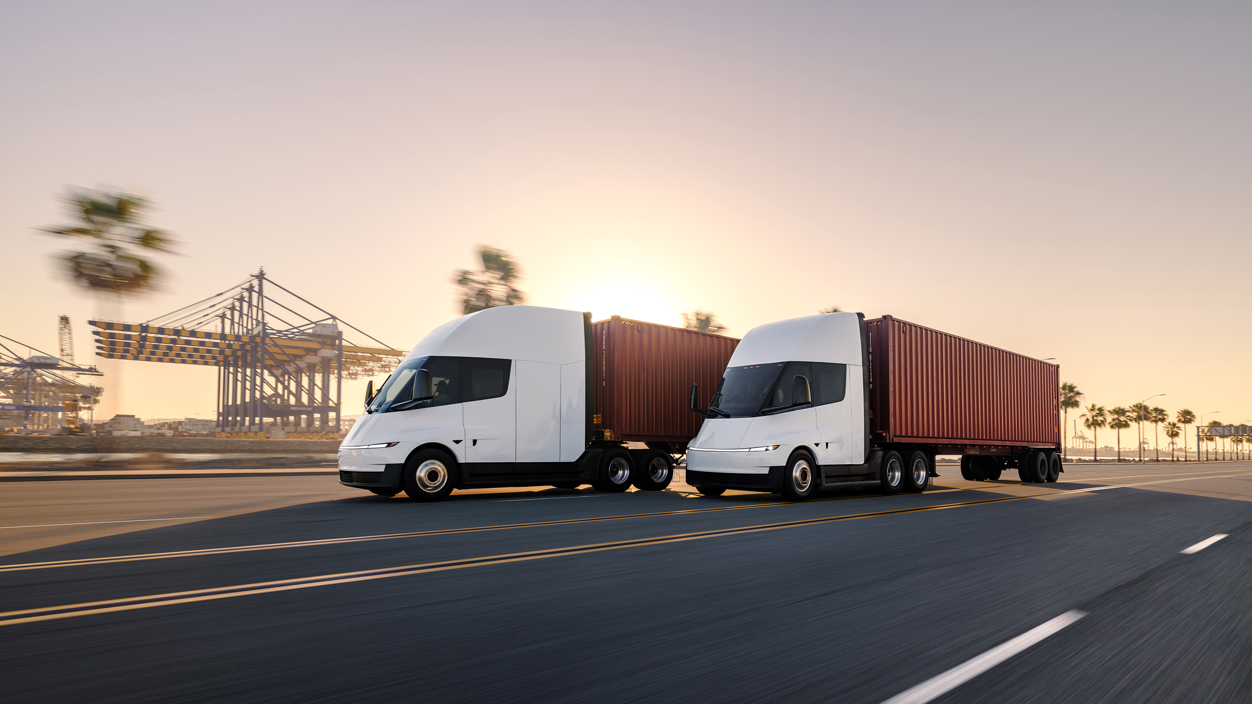 Zwei Tesla-Lkw fahren nebeneinander her.