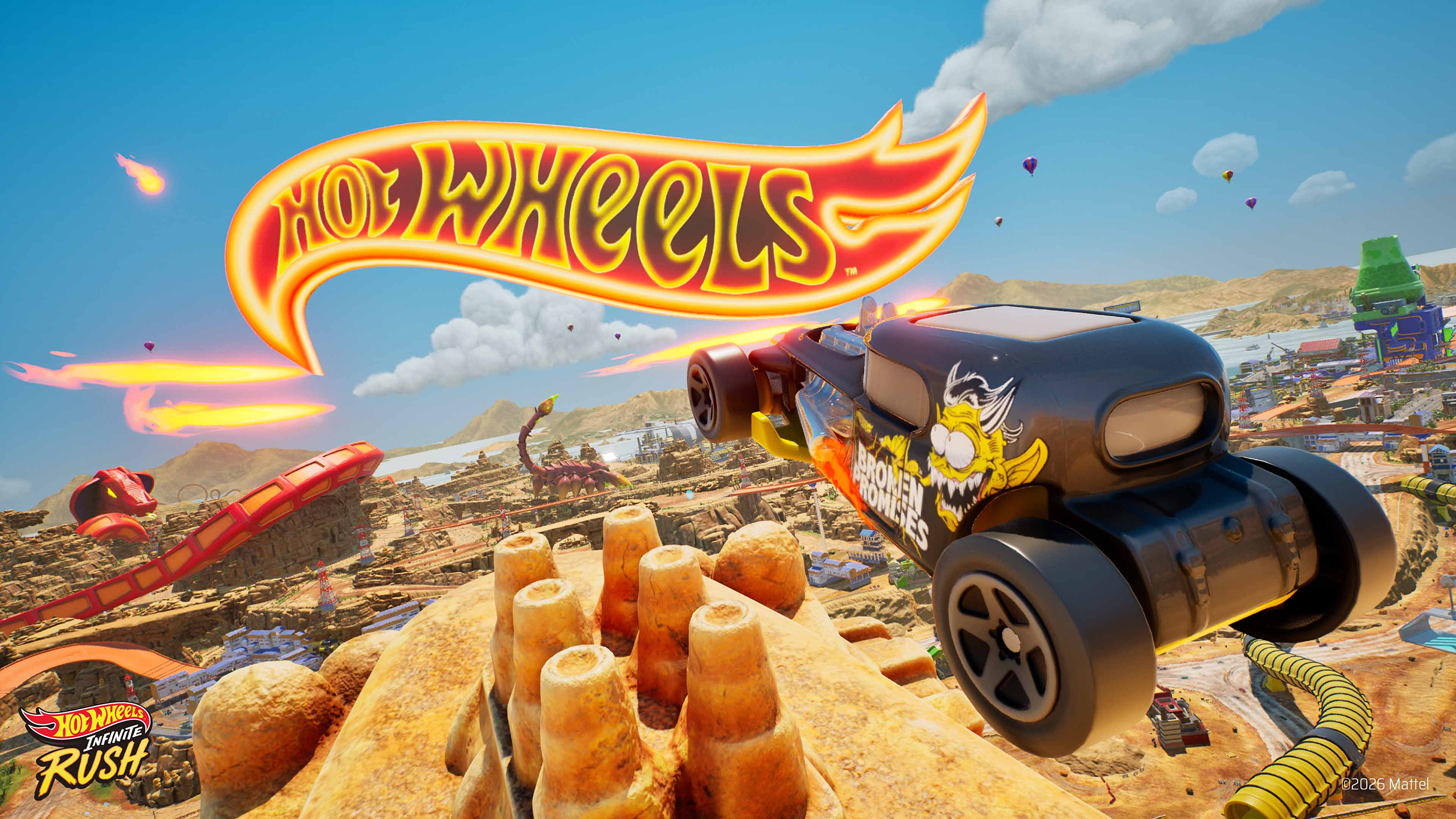 Screenshot aus Hot Wheels Infinite Rush. Man sieht die Autos im Race fliegen.