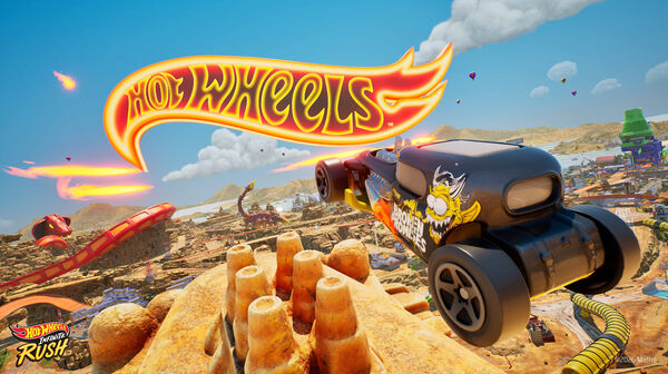 Screenshot aus Hot Wheels Infinite Rush. Man sieht die Autos im Race fliegen.