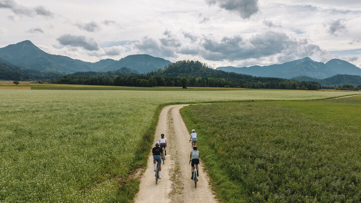 Eine Gruppe Gravelbiker, die einen Feldweg entlang fährt.