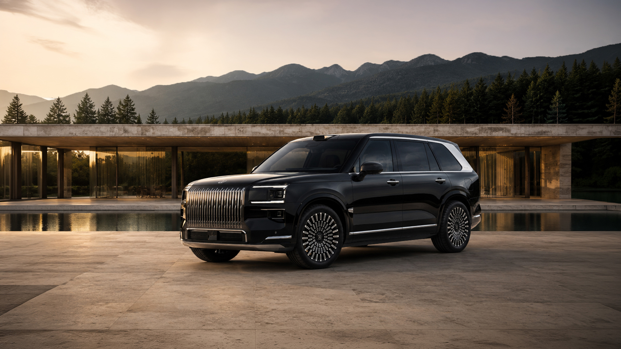 Ein großes schwarzes SUV steht vor einem Pool und einem Haus.