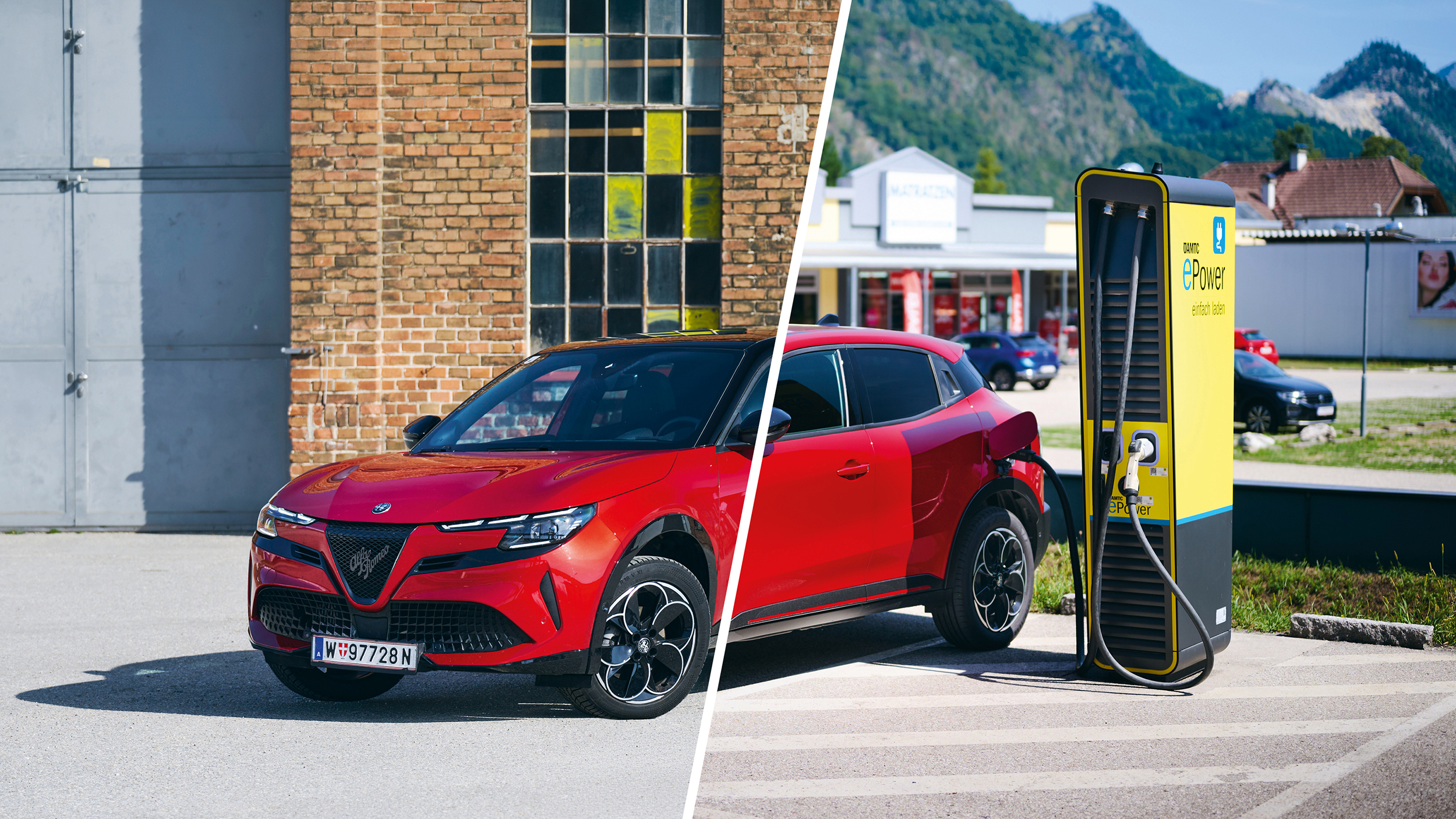 Alfa Romeo Junior Ibrida und Junior Elettrica an einer öffentlichen Ladesäule.
