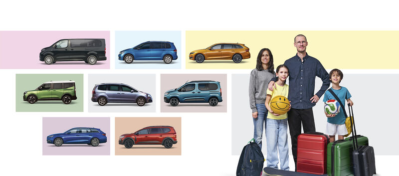 Bildmontage aus acht Fahrzeug-Seitenansichten auf farbigen Flächen – Hochdachkombi, Van, Kompaktvans, Kombis und SUV – daneben eine vierköpfige Familie mit zwei Kindern, Bällen, Rucksack, Skateboard und drei Hartschalenkoffern.