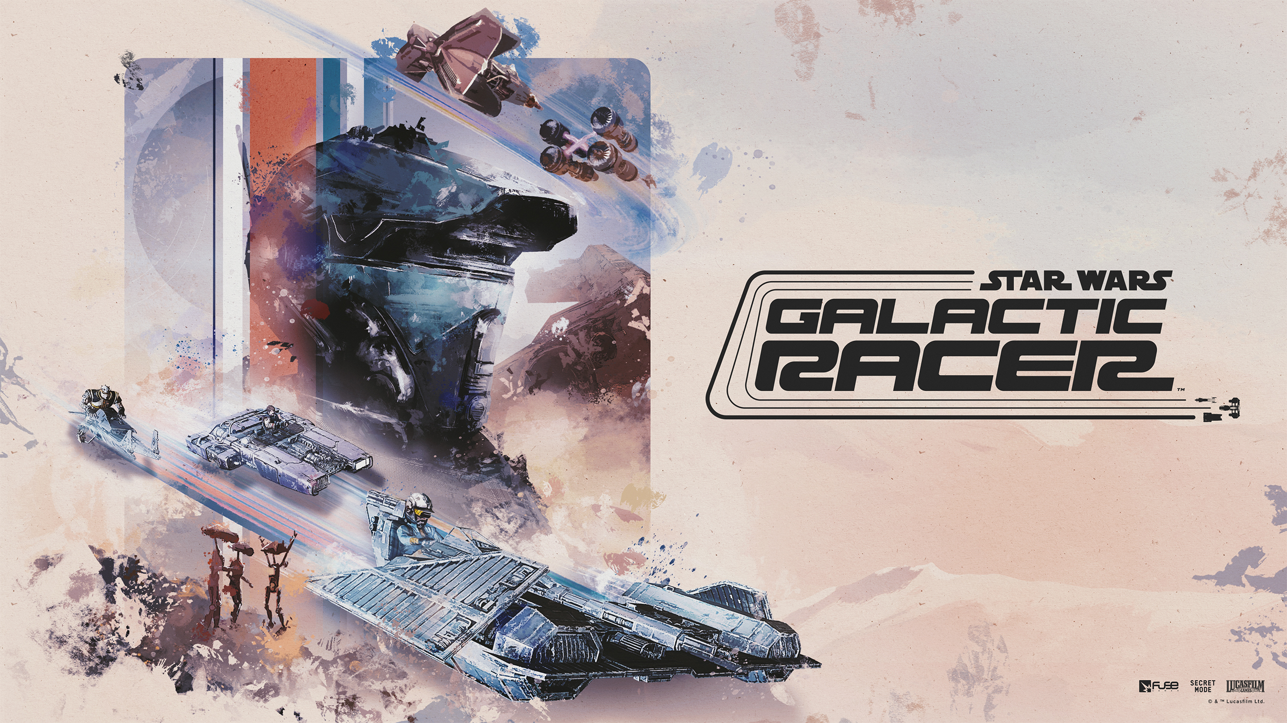 Illustration zu „Star Wars: Galactic Racer“: Mehrere futuristische Gleiter und Podracer rasen durch eine felsige Wüstenlandschaft. Rechts steht das Logo des Spiels auf hellem, strukturiertem Hintergrund.