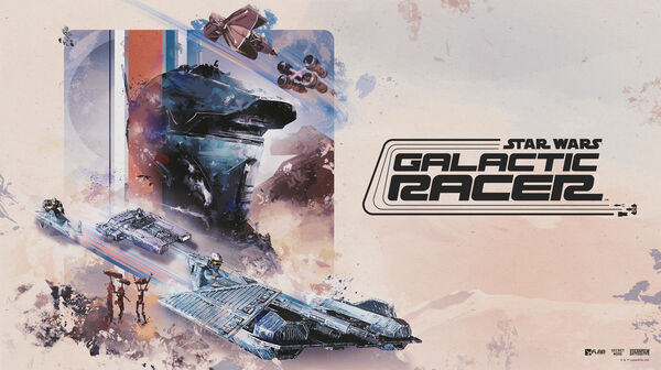 Illustration zu „Star Wars: Galactic Racer“: Mehrere futuristische Gleiter und Podracer rasen durch eine felsige Wüstenlandschaft. Rechts steht das Logo des Spiels auf hellem, strukturiertem Hintergrund.