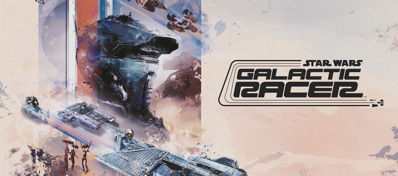Illustration zu „Star Wars: Galactic Racer“: Mehrere futuristische Gleiter und Podracer rasen durch eine felsige Wüstenlandschaft. Rechts steht das Logo des Spiels auf hellem, strukturiertem Hintergrund.