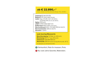 Datenblatt zum Citroën ë-C3 Plus Standard Range mit Preisen, technischen Daten und Testbewertung. Leistung: 83 kW, Batterie: 44,2 kWh brutto. Im auto touring-Test: 17,8 kWh/100 km Verbrauch und 255 km Reichweite bei 18 °C. Listenpreis ab 22.890 Euro, Testwagen 28.460 Euro.