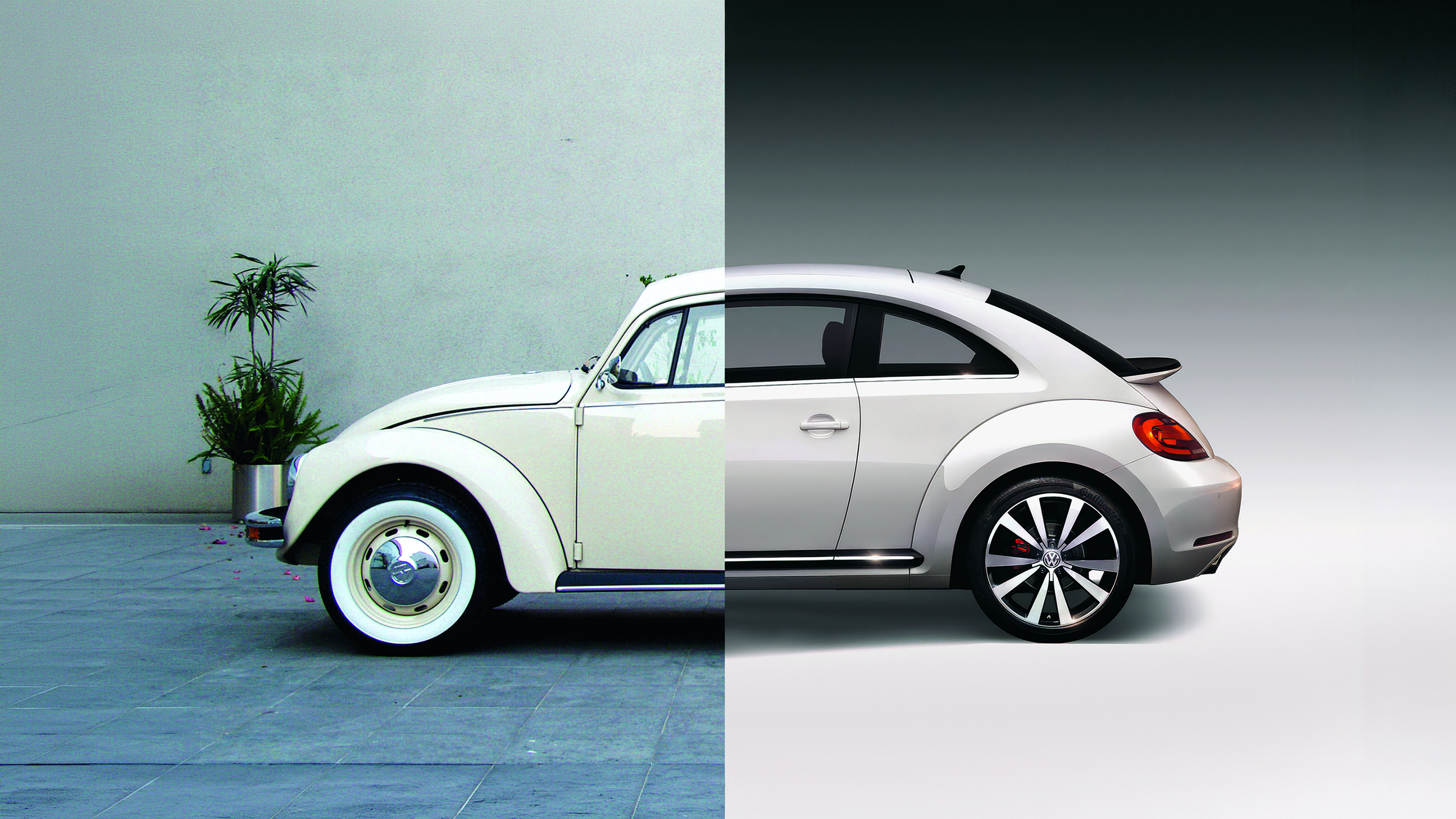 Fotomontage eines alten und eines neuen VW Käfer.