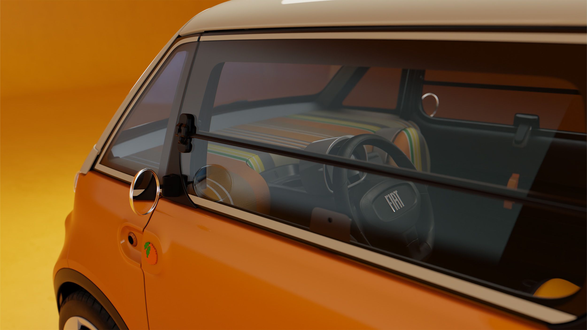 Nahaufnahme der Seitenfenster eines orangefarbenen Fiat mit weißem Dach, rundem Außenspiegel und Blick auf das Lenkrad sowie gestreifte Sitzpolster.