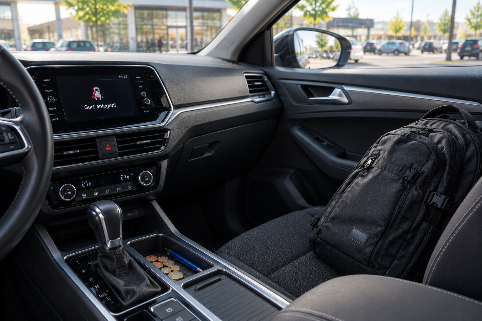 Rucksack liegt auf einem Beifahrersitz in einem Auto