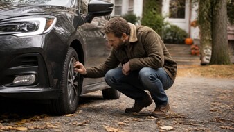 Ein Mann hockerlt vor einem Auto und kontrolliert den Reifen