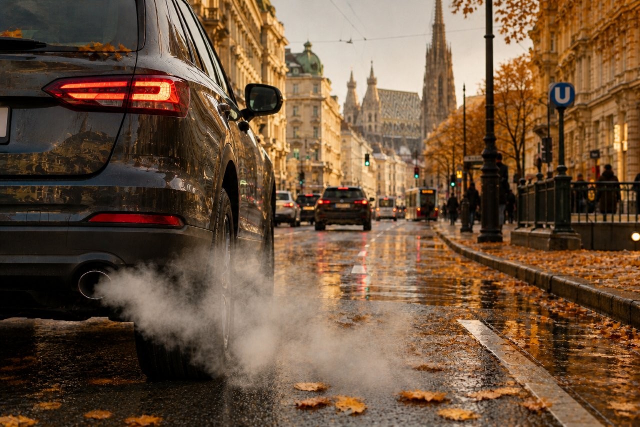  Weißer Rauch kommt aus einem Autoauspuff