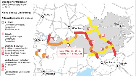 Brennerblockade: Zu sehen sind mögliche Alterniven sowie deren Stauanfälligkeit.