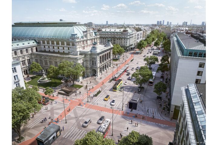 Das Rendering des ÖAMTC-Projektes "Platz für alle am Ring" zeigt eine ideale Verkehrslösung für den Bereich des Opernrings