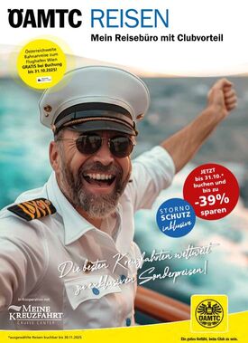 Zeigt die Titelseite eines Katalogs - zu sehen ist ein Schiffs-Kapitän der mit offenen Armen und dem Meer im Hintergrund in die Kamera lächelt