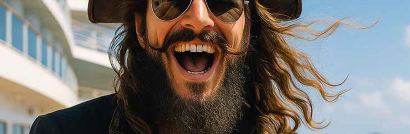 zeigt einen Piraten mit einem Hut auf einem Kreuzfahrtschiff der in die Kamera lacht