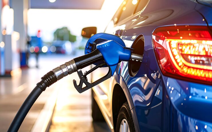 Ein blaues Auto an der Zapfsäule.