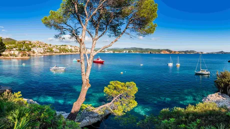 Auf dem Foto ist die Meeresbucht Cala Fornells auf Mallorca mit blauem Meer und einigen Segelschiffen und Motorbooten zu sehen.