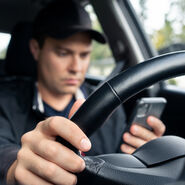 Ein Mann mit Baseballkappe nutzt sein Handy, während er Auto fährt.