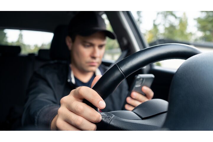 Ein Mann mit Baseballkappe nutzt sein Handy, während er Auto fährt.